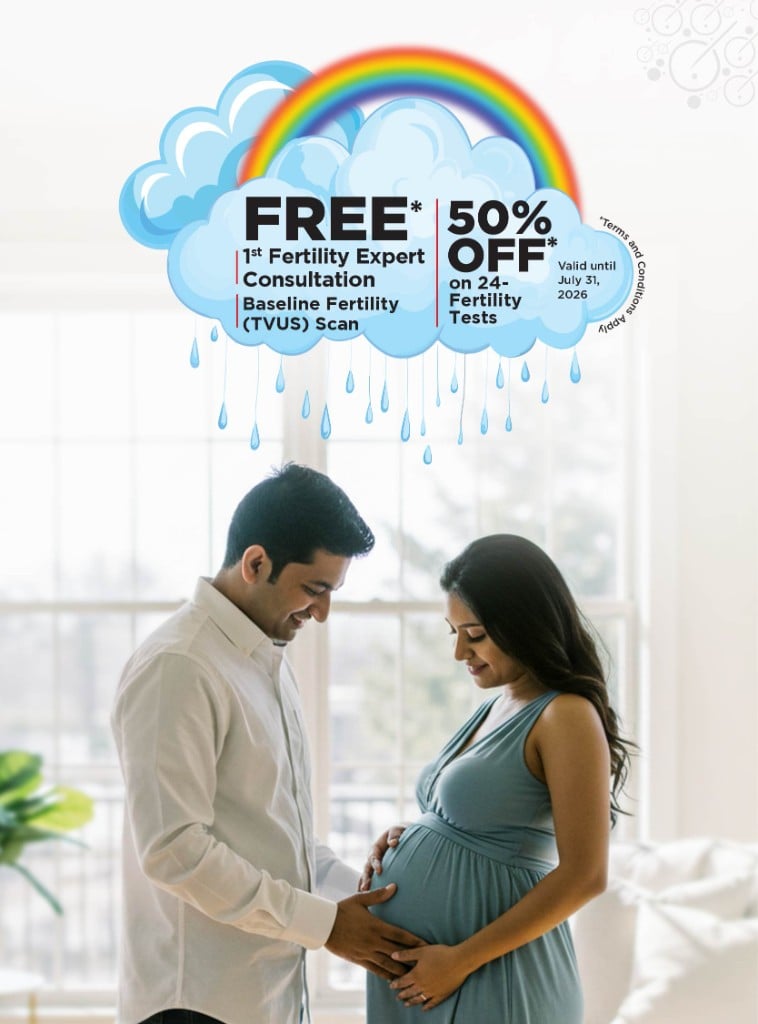 GarbhaGudi IVF offer: free first fertility expert consultation and baseline fertility (TVUS) scan, plus 50% off on 24 fertility tests. Valid until July 31, 2026.