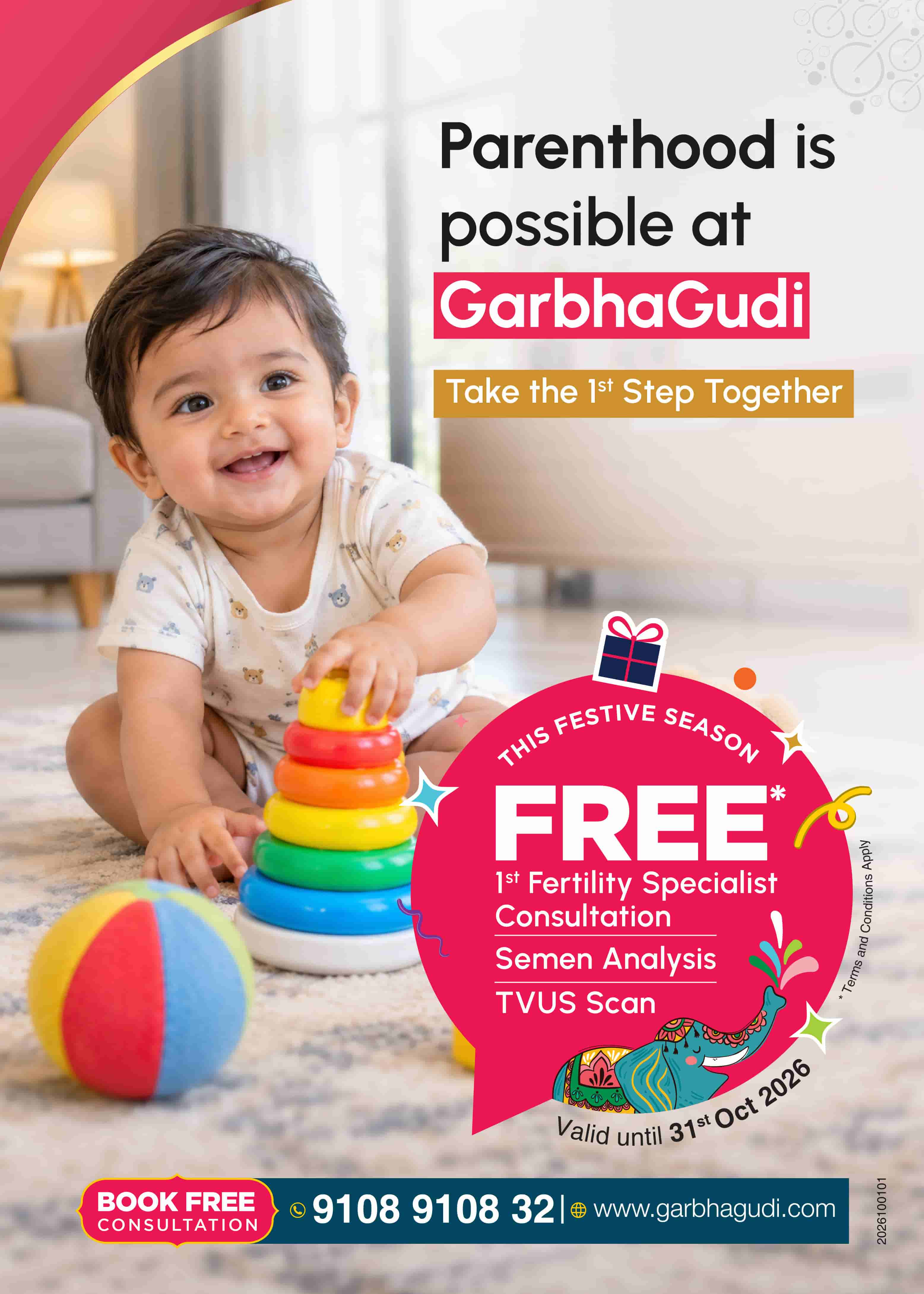 GarbhaGudi IVF offer: free first fertility expert consultation and baseline fertility (TVUS) scan, plus 50% off on 24 fertility tests. Valid until July 31, 2026.