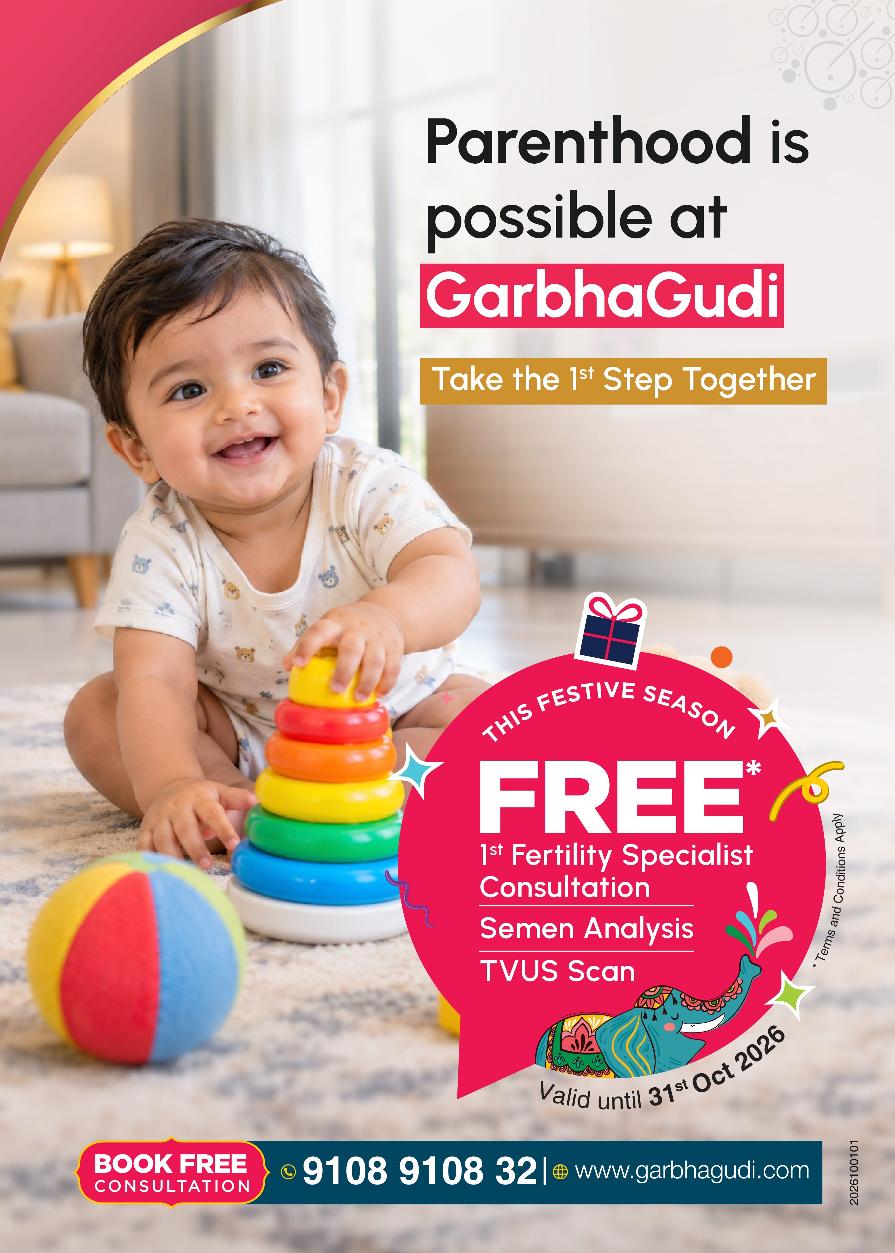 GarbhaGudi IVF offer: free first fertility expert consultation and baseline fertility (TVUS) scan, plus 50% off on 24 fertility tests. Valid until July 31, 2026.